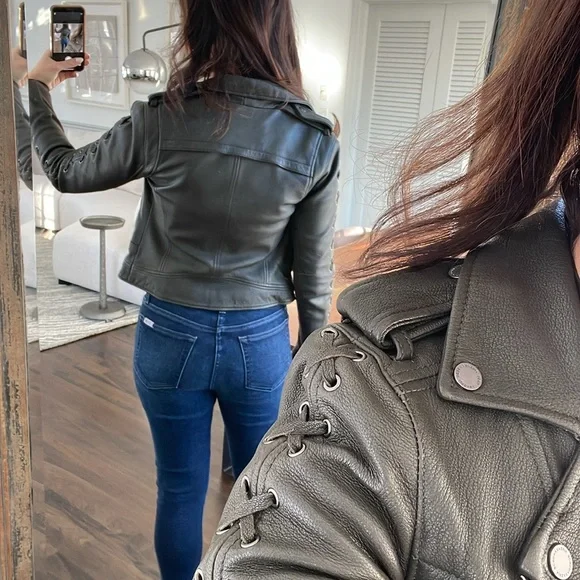 BCBG MaxAzria Genuine Leather Olive Coat with Lace Up XXS - Picture 5 of 16